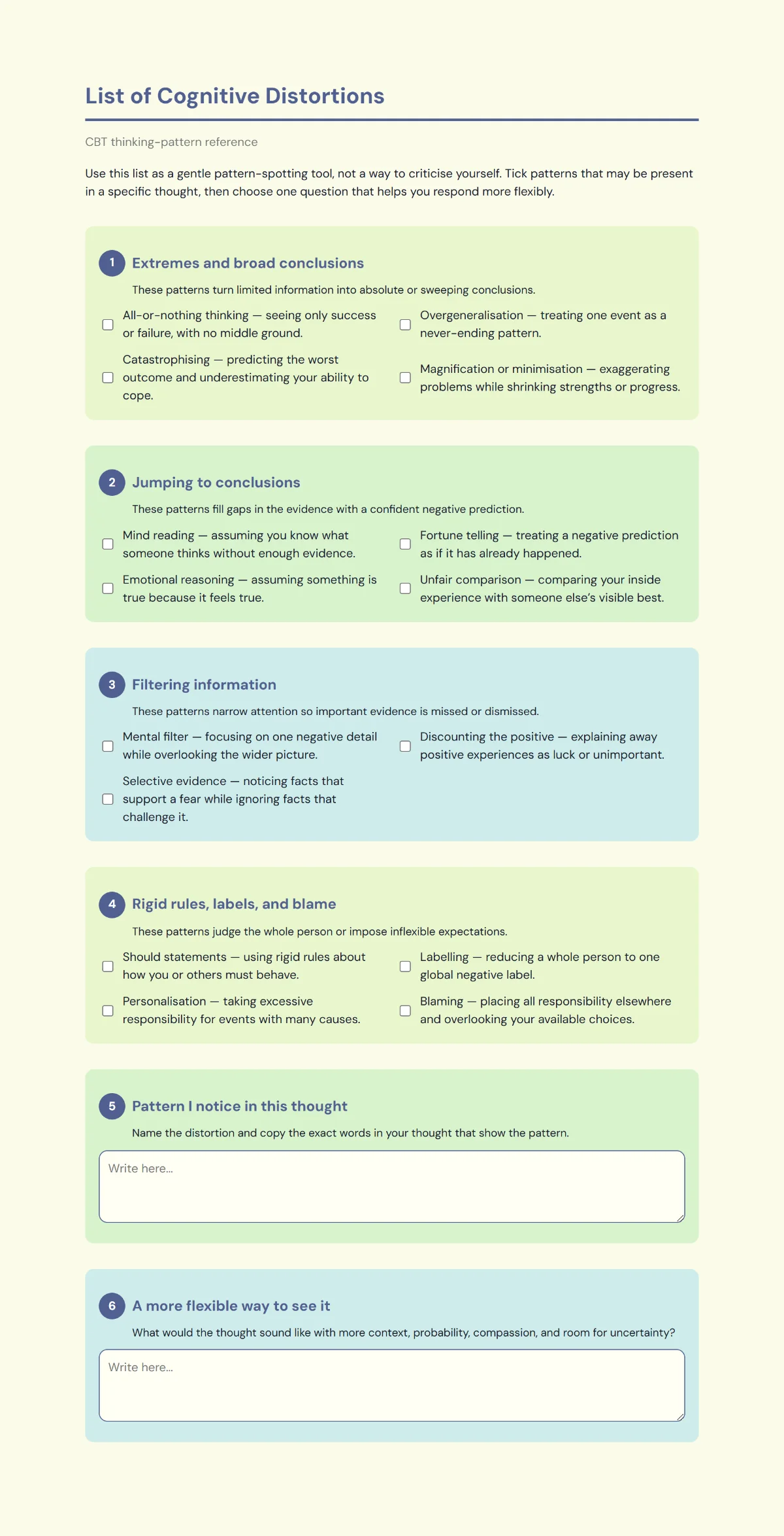 Preview of a Cognitive Distortions Worksheet listing common thinking patterns and flexible-thinking prompts.