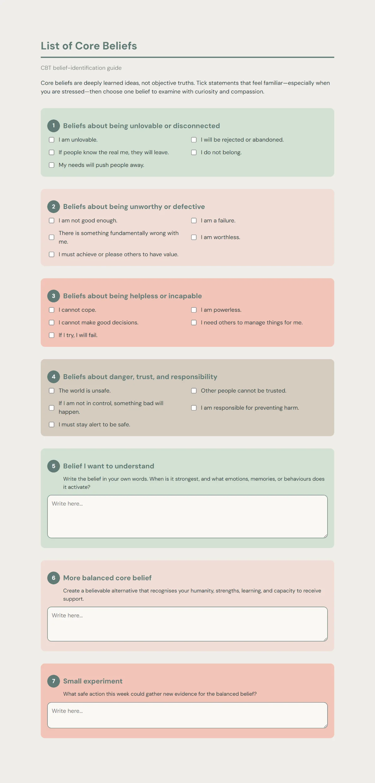 Preview of a Core Beliefs Worksheet with common belief themes, reflection prompts and a balanced-belief exercise.