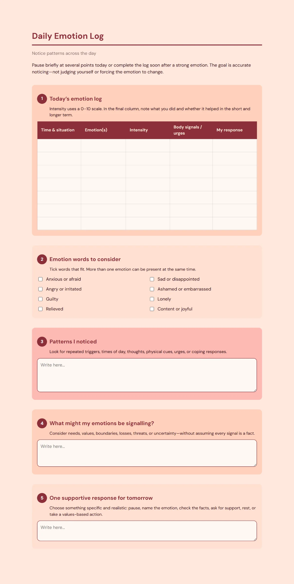Preview of a Daily Emotion Log Worksheet with situation, emotion, intensity, body signal and response columns.