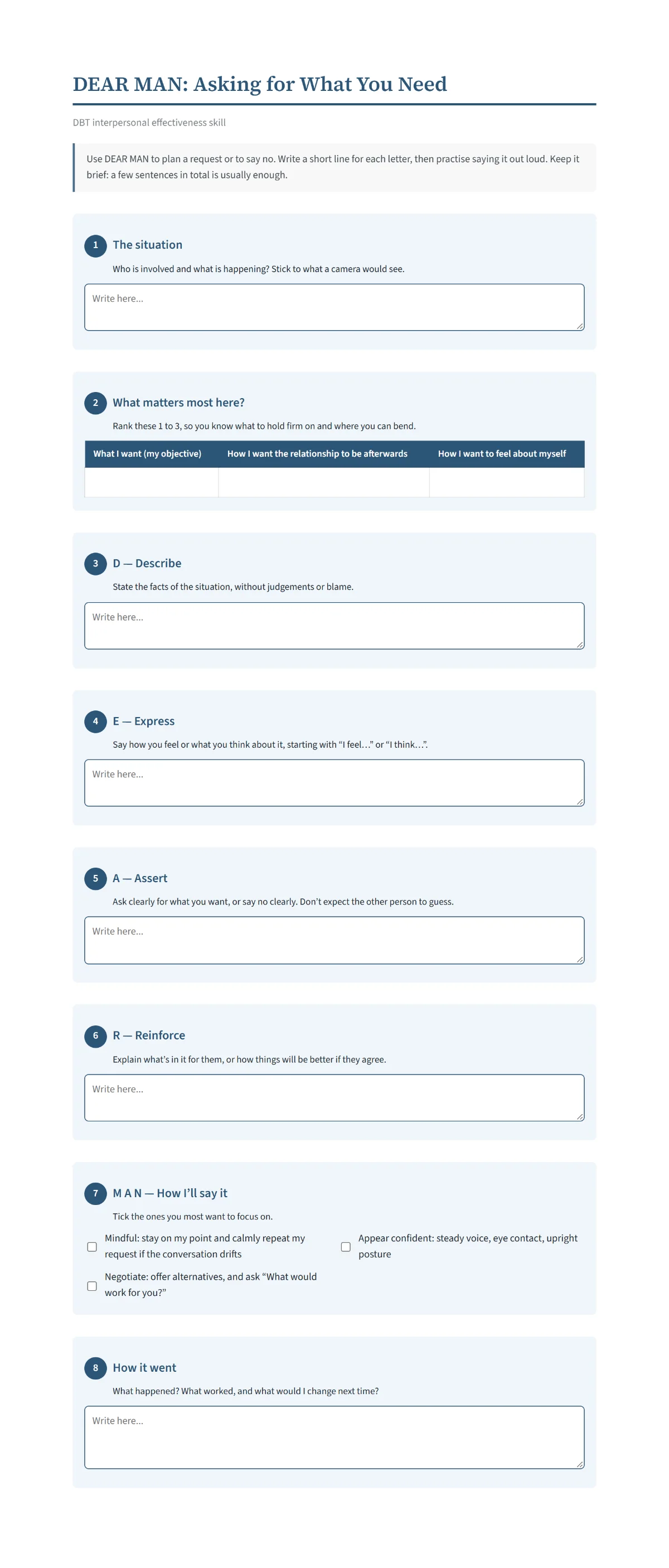 Preview of a DBT DEAR MAN worksheet with boxes for describe, express, assert and reinforce, a goals table and mindful, confident and negotiate prompts.