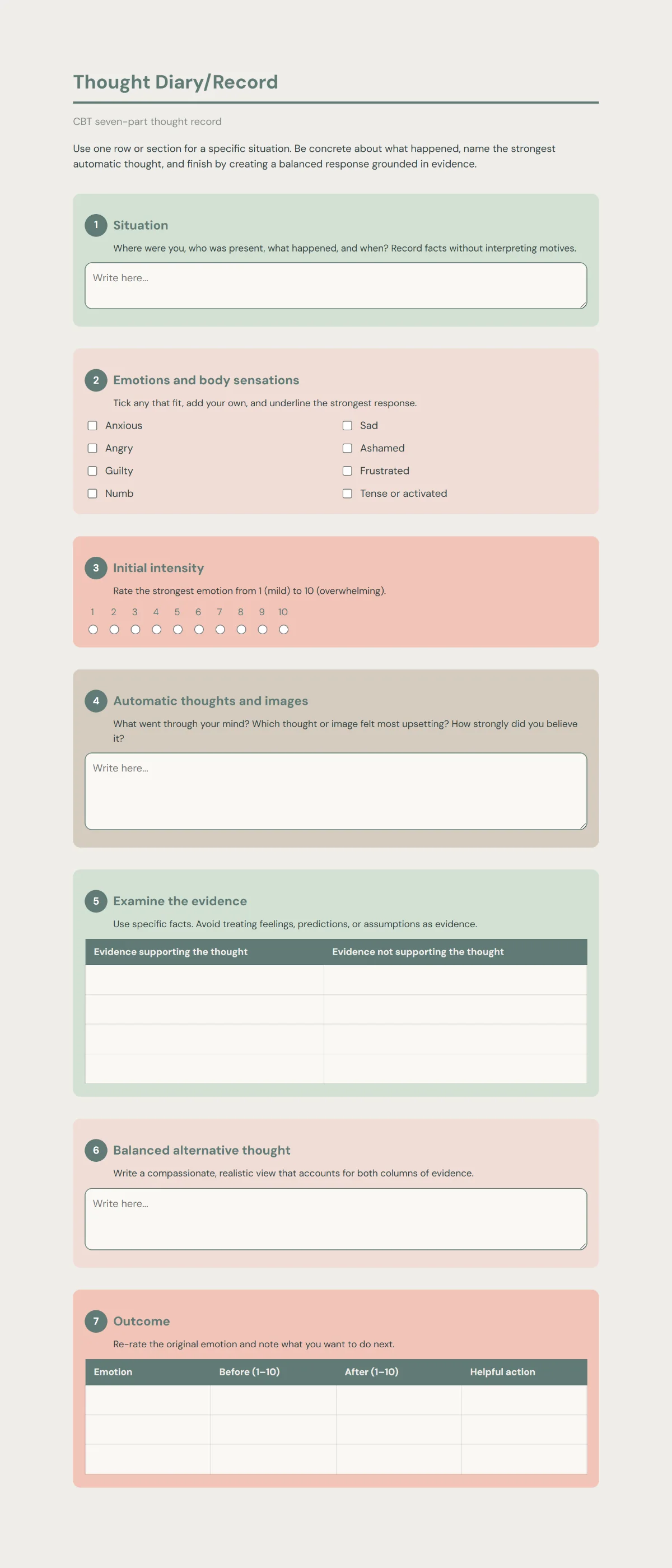 Preview of a CBT Thought Record Worksheet with situation, emotions, evidence and balanced thought sections.